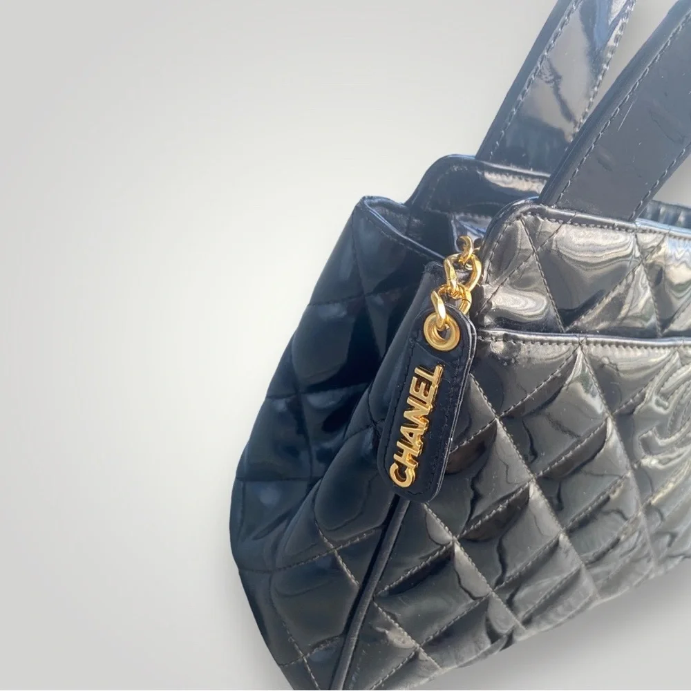 Chanel Black Patent Leather Diamond Quilt Mini Tote Bag